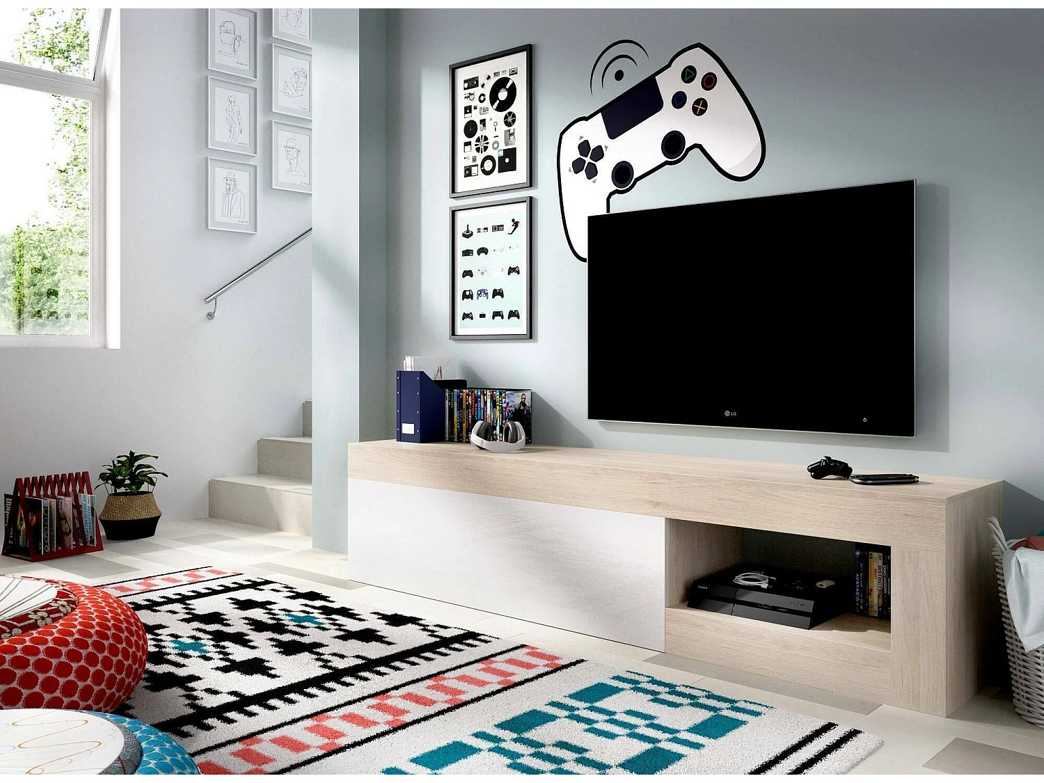 Meuble TV Averau, Buffet bas de salon, Buffet de salon pour télévision, 204x42h48 cm, Chêne et Blanc