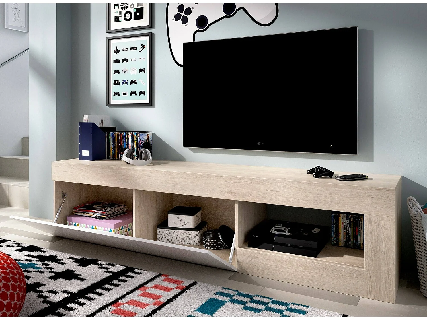 Móvel de TV Averau, Aparador baixo da sala, Aparador da sala para televisão, 204x42h48 cm, Carvalho e Branco