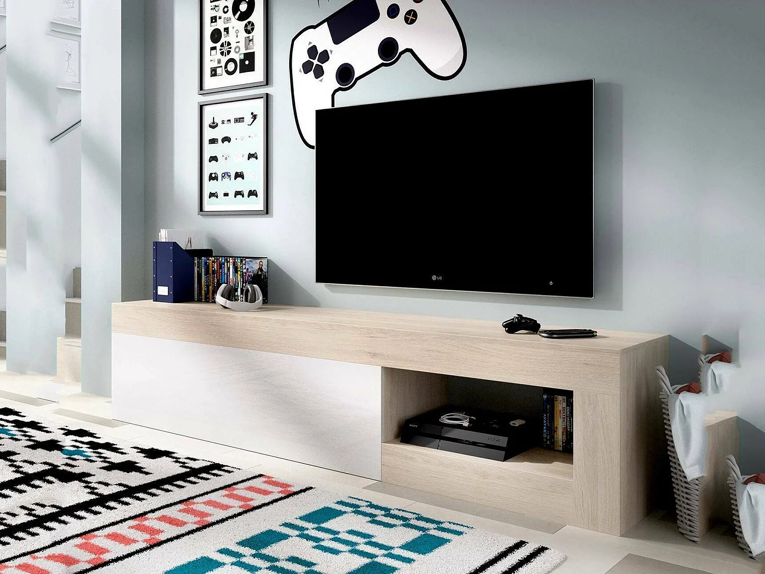 Móvel de TV Averau, Aparador baixo da sala, Aparador da sala para televisão, 204x42h48 cm, Carvalho e Branco