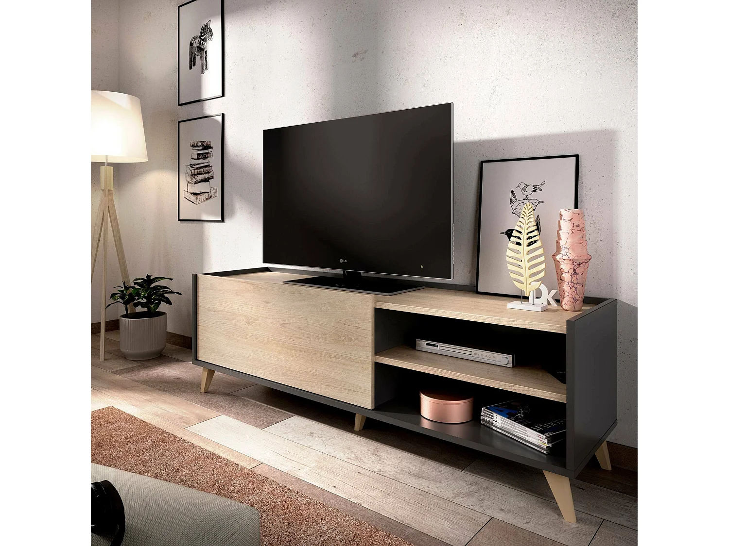 Meuble TV Dacerbi, Buffet bas de salon, Buffet de salon pour télévision, 155x43h47 cm, Chêne et Anthracite
