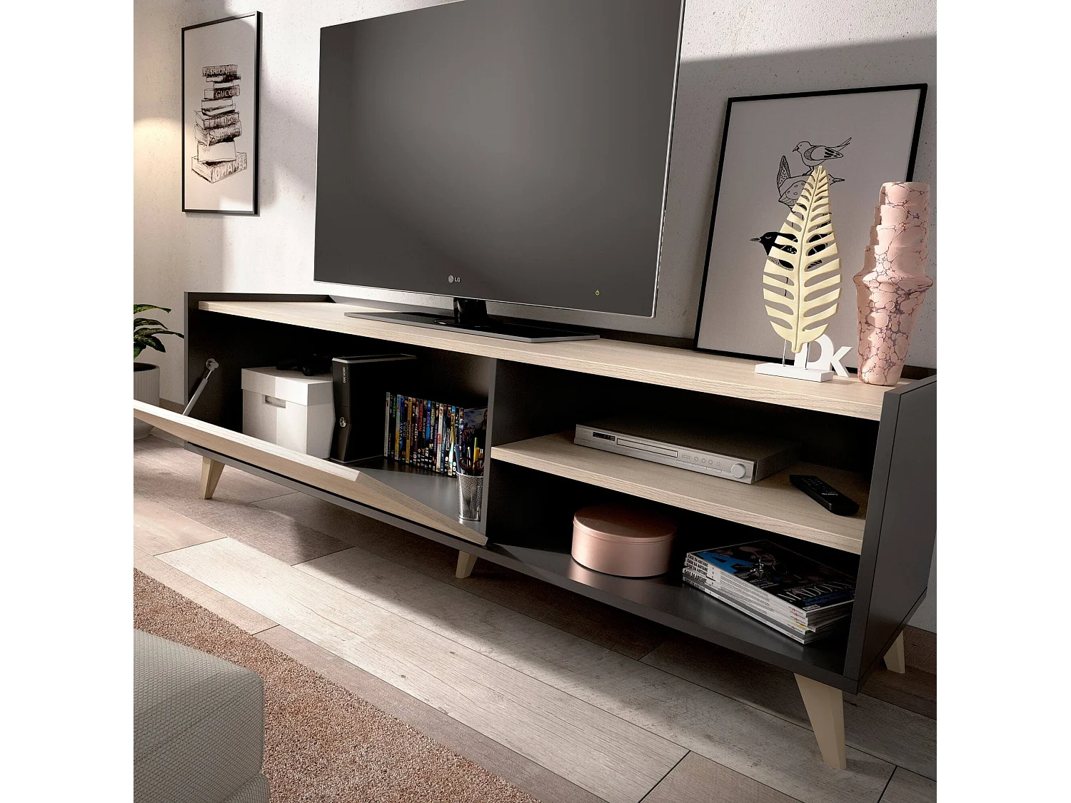 Meuble TV Dacerbi, Buffet bas de salon, Buffet de salon pour télévision, 155x43h47 cm, Chêne et Anthracite