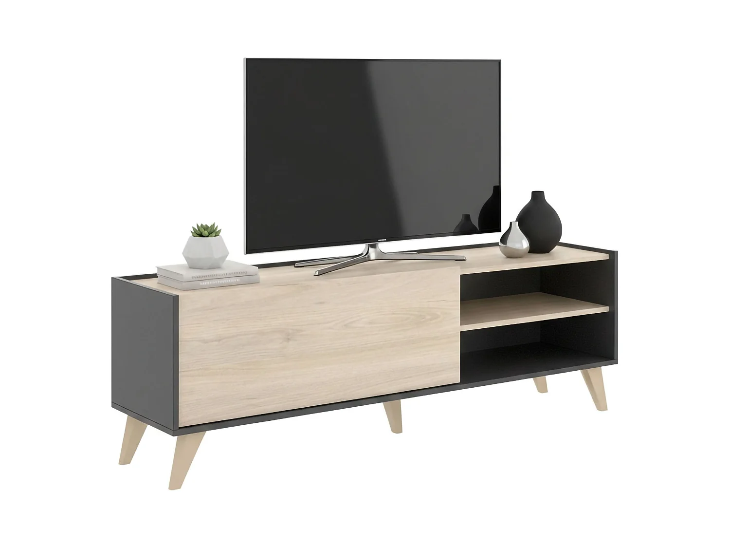Meuble TV Dacerbi, Buffet bas de salon, Buffet de salon pour télévision, 155x43h47 cm, Chêne et Anthracite