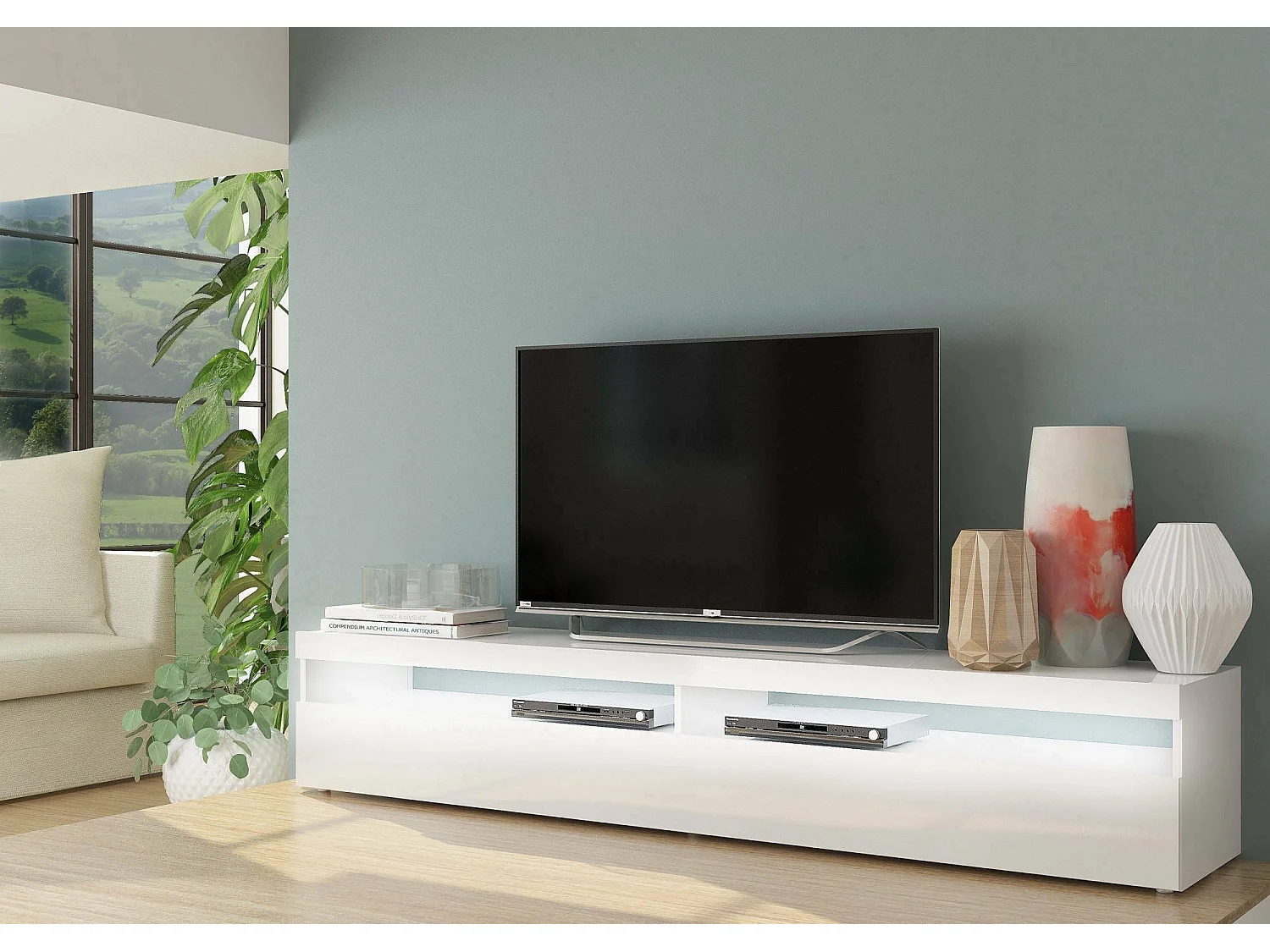 Meuble TV Dcanott, Buffet bas de salon, Base pour meuble TV, 100% Made in Italy, 200x45h36 cm, Blanc brillant, avec lumière LED