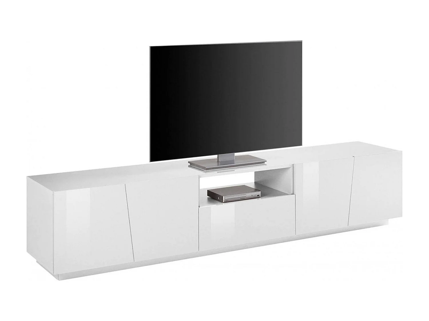 Dlori TV-meubel, Laag woonkamerdressoir, TV-meubelbasis, 100% Made in Italy, 220x43h46 cm, Glanzend wit, met LED-licht