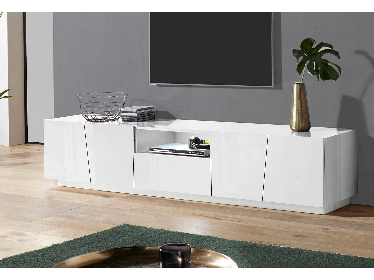 Meuble TV Dlori, Buffet bas de salon, Base pour meuble TV, 100% Made in Italy, 220x43h46 cm, Blanc brillant, avec lumière LED