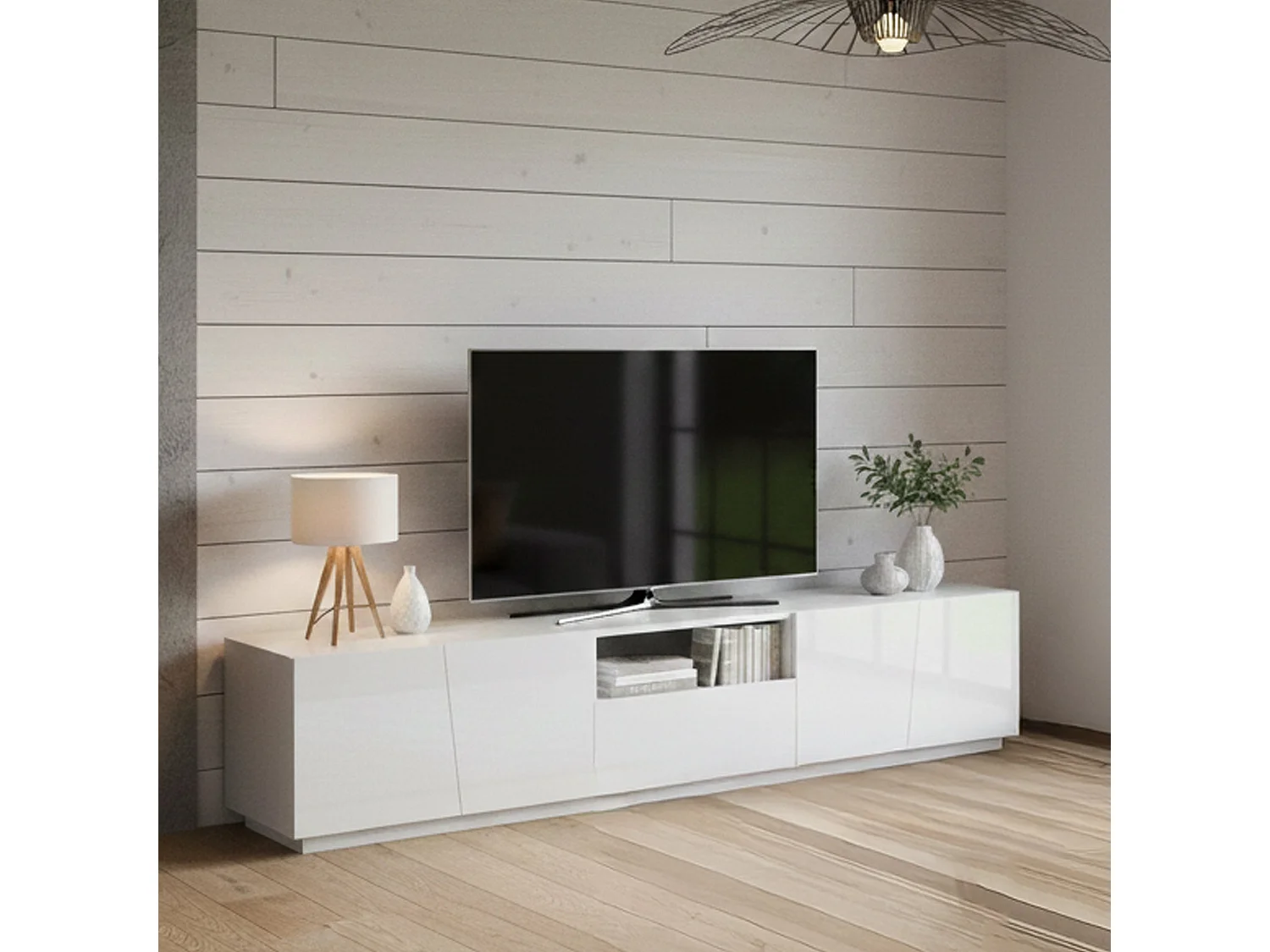 Meuble TV Dlori, Buffet bas de salon, Base pour meuble TV, 100% Made in Italy, 220x43h46 cm, Blanc brillant, avec lumière LED