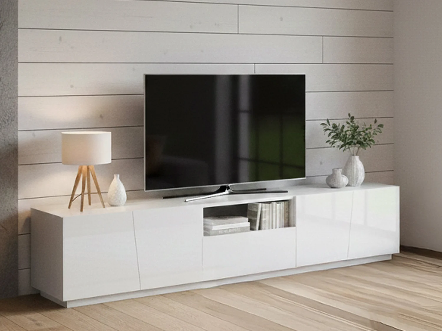 Dlori TV-meubel, Laag woonkamerdressoir, TV-meubelbasis, 100% Made in Italy, 220x43h46 cm, Glanzend wit, met LED-licht