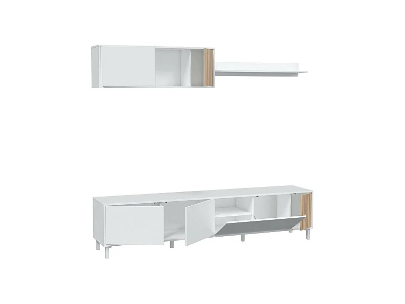 Unité murale Woonsocket, Armoire de salon avec portes, Armoire suspendue avec étagère, Buffet polyvalent, 200x40h47 cm, Blanc et Chêne