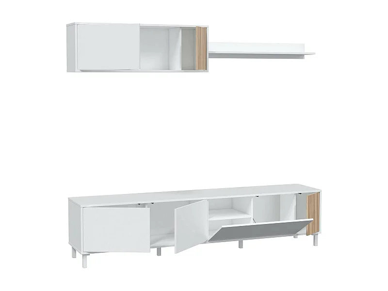 Woonsocket wandmeubel, Woonkamerkast met deuren, Hangkast met plank, Multifunctioneel dressoir, 200x40h47 cm, Wit en Eiken