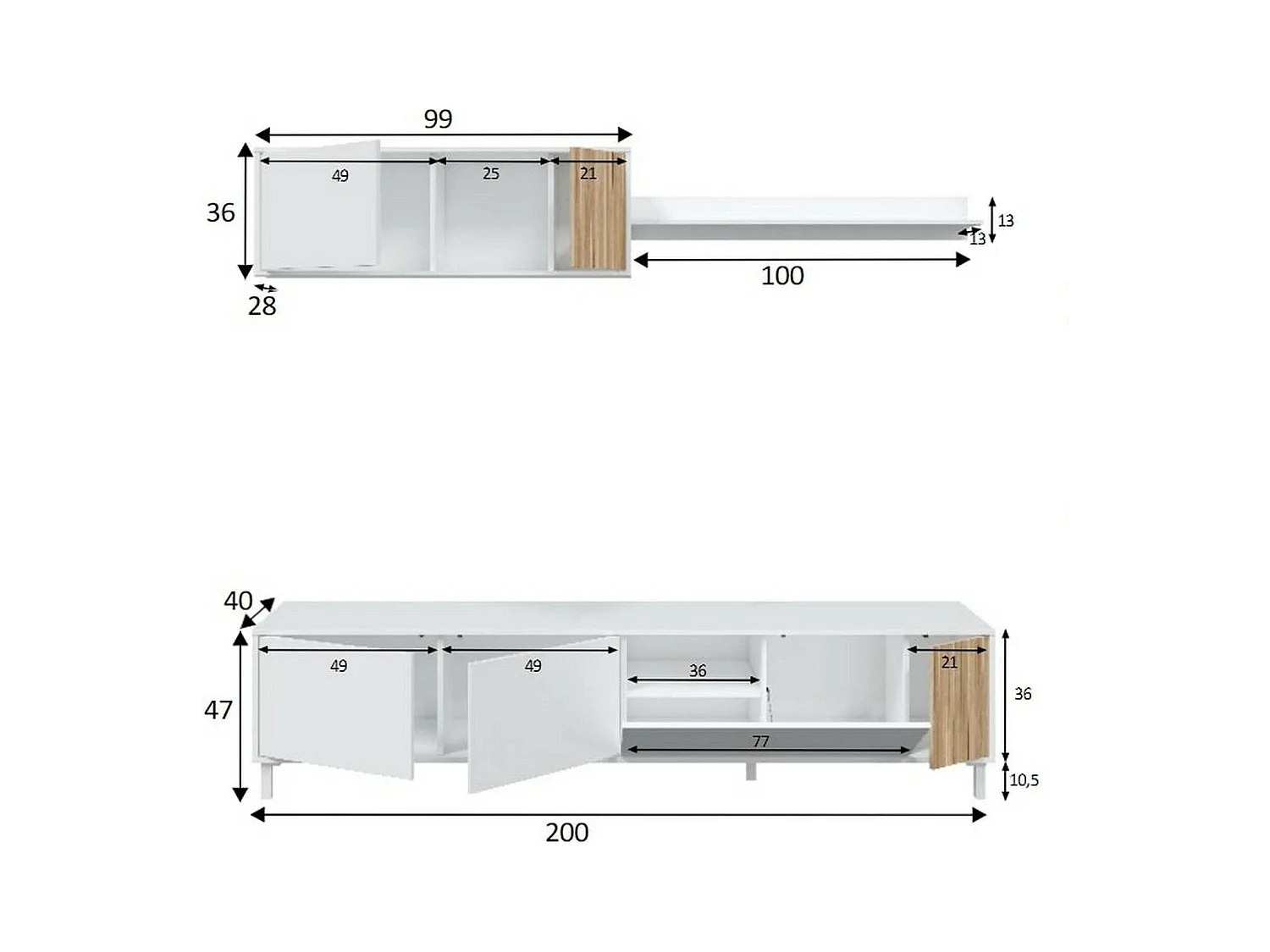 Unité murale Woonsocket, Armoire de salon avec portes, Armoire suspendue avec étagère, Buffet polyvalent, 200x40h47 cm, Blanc et Chêne