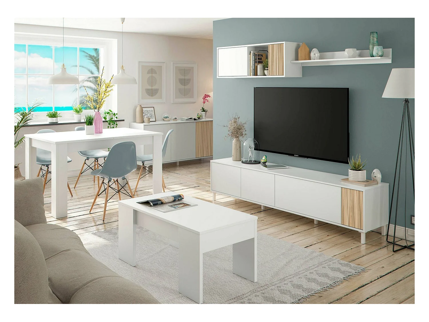 Unité murale Woonsocket, Armoire de salon avec portes, Armoire suspendue avec étagère, Buffet polyvalent, 200x40h47 cm, Blanc et Chêne