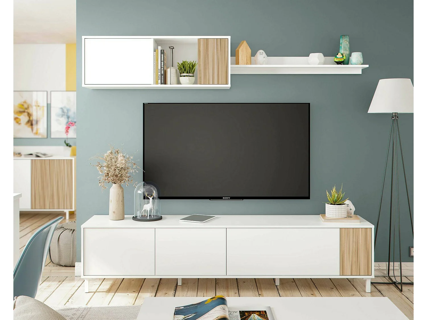 Unité murale Woonsocket, Armoire de salon avec portes, Armoire suspendue avec étagère, Buffet polyvalent, 200x40h47 cm, Blanc et Chêne