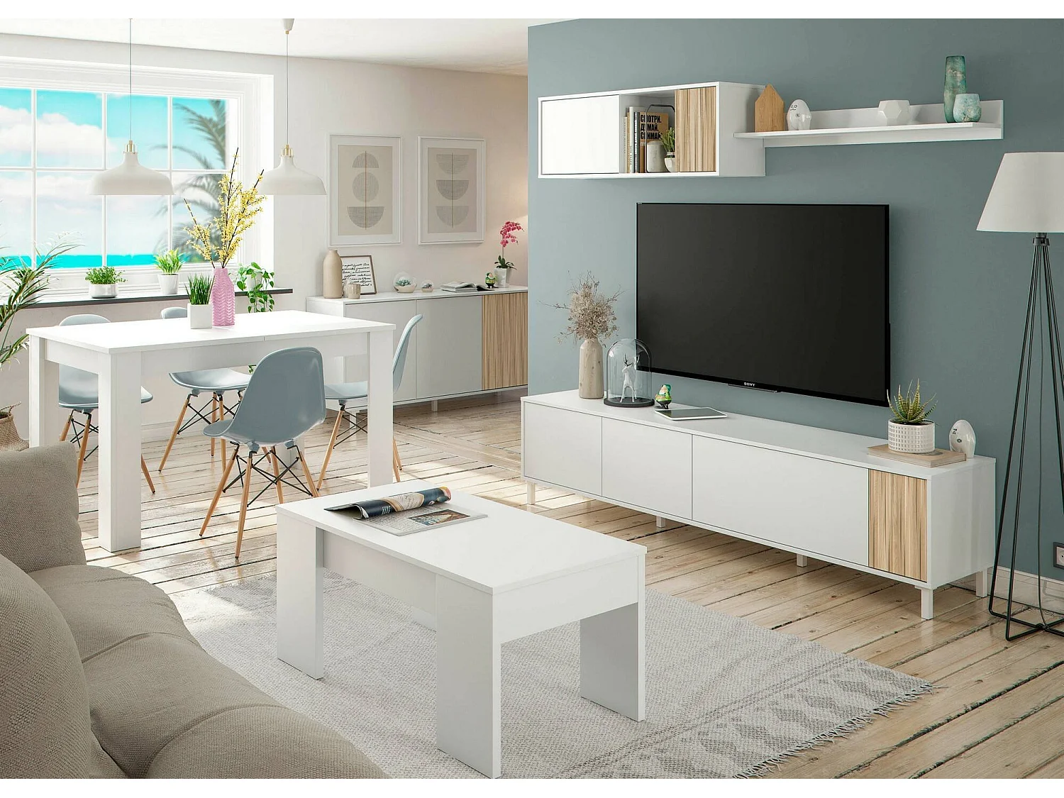 Pared equipada Woonsocket, Mueble salón con puertas, Mueble colgante con balda, Aparador multiusos, 200x40h47 cm, Blanco y Roble