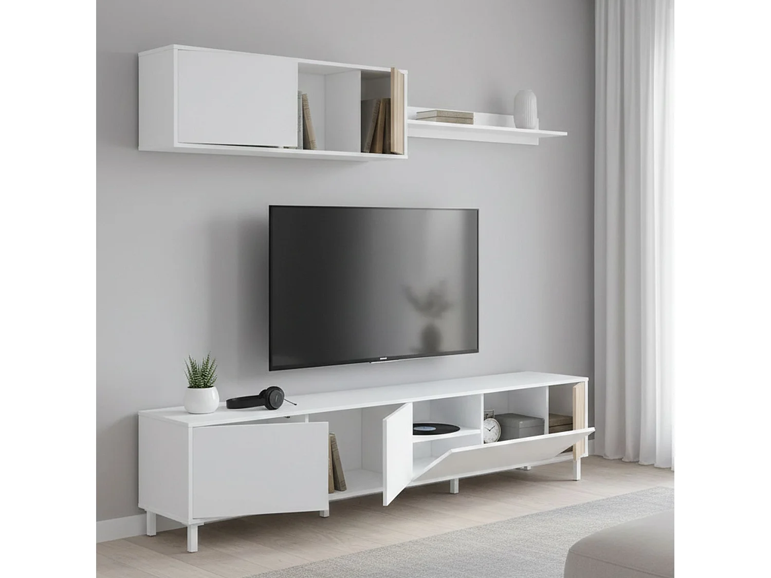 Unité murale Woonsocket, Armoire de salon avec portes, Armoire suspendue avec étagère, Buffet polyvalent, 200x40h47 cm, Blanc et Chêne