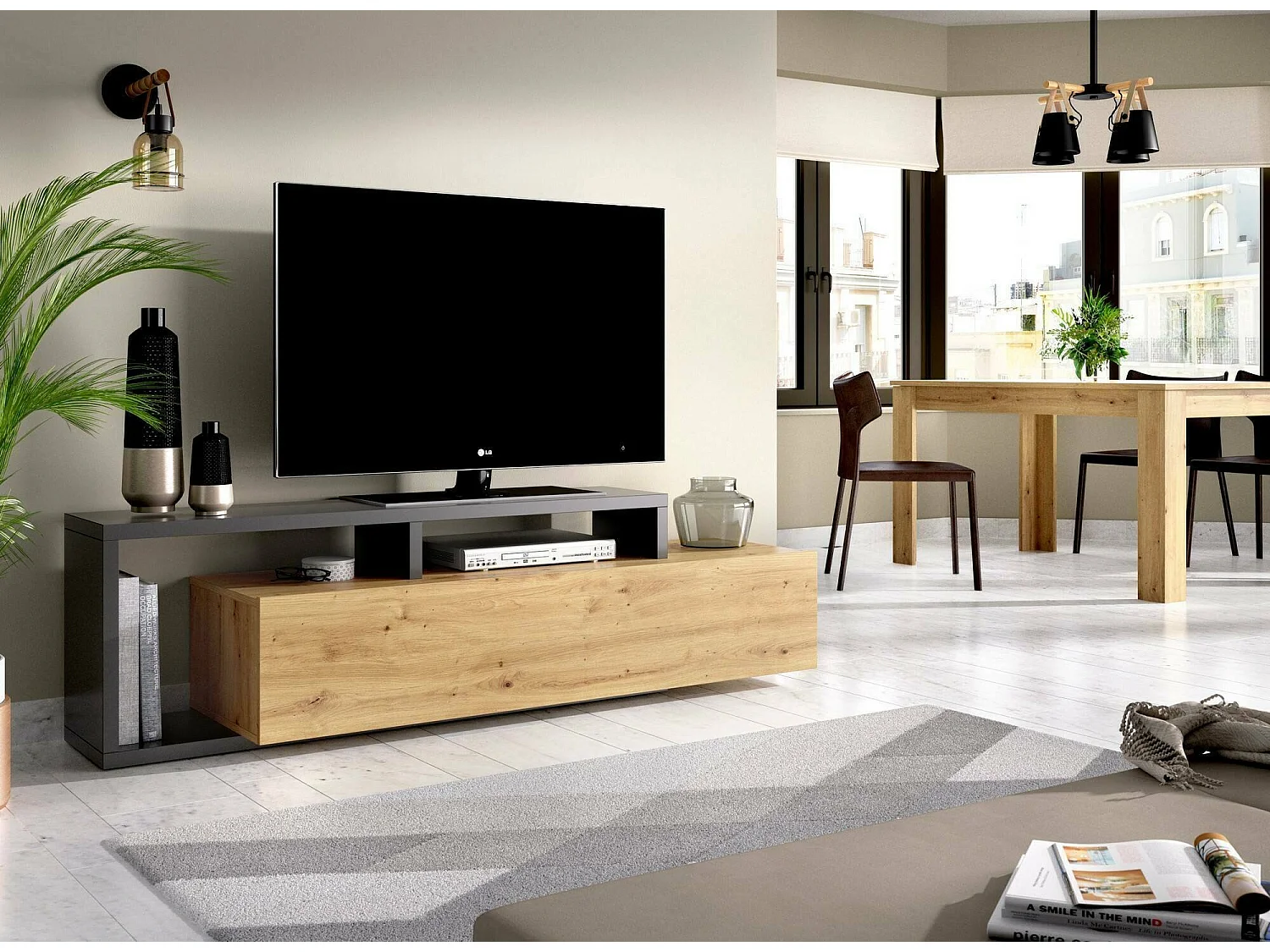 TV-Ständer Maiella, niedriges Sideboard für Wohnzimmer, Sideboard für Wohnzimmer für Fernseher, 165 x 40 x 47 cm, Eiche Nodes und Anthrazit