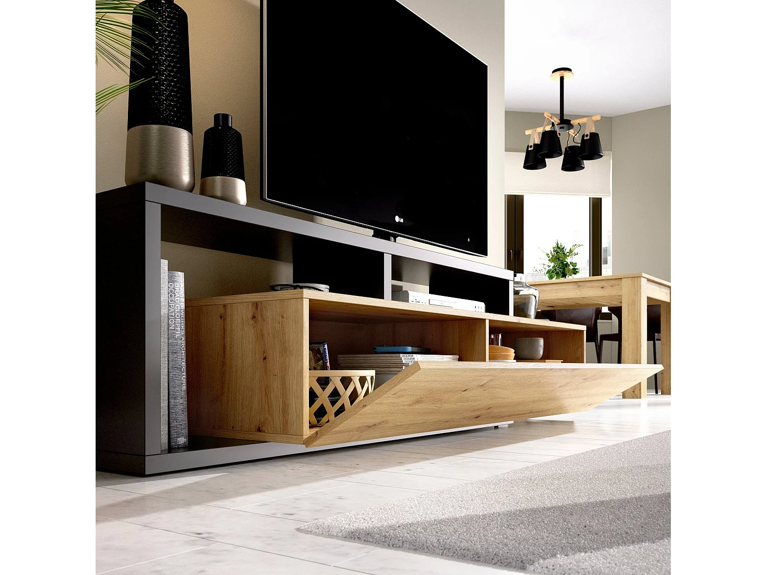 TV-Ständer Maiella, niedriges Sideboard für Wohnzimmer, Sideboard für Wohnzimmer für Fernseher, 165 x 40 x 47 cm, Eiche Nodes und Anthrazit