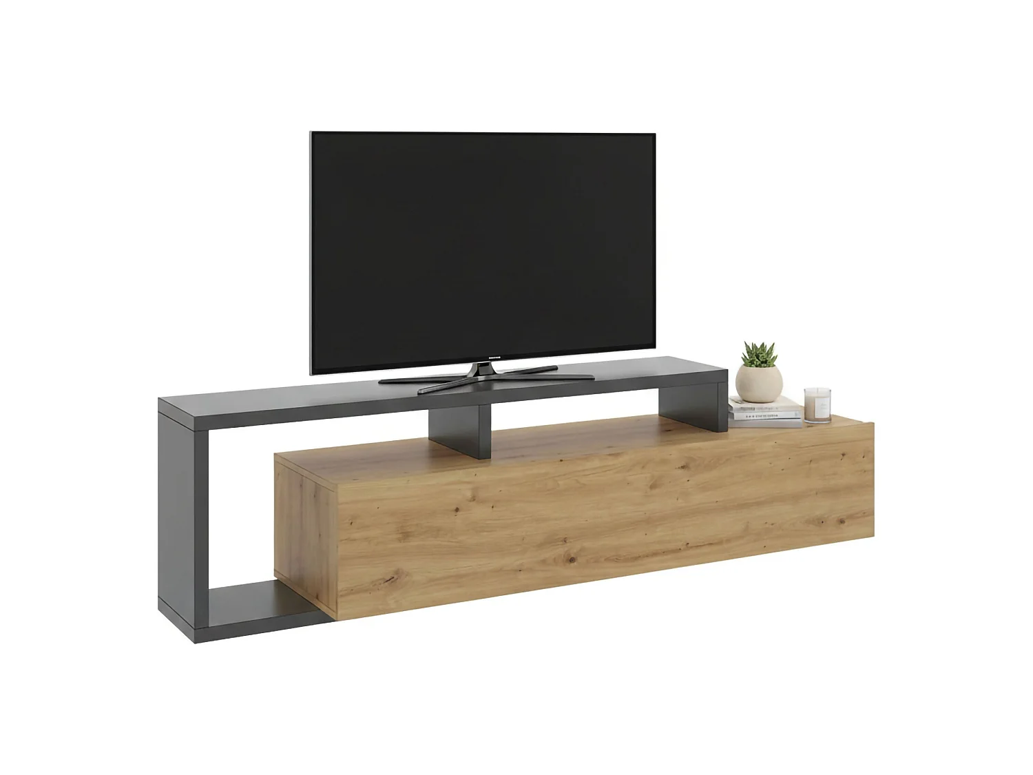 Móvel de TV Maiella, Aparador baixo da sala, Aparador da sala para televisão, 165x40h47 cm, Carvalho Nodi e Antracite