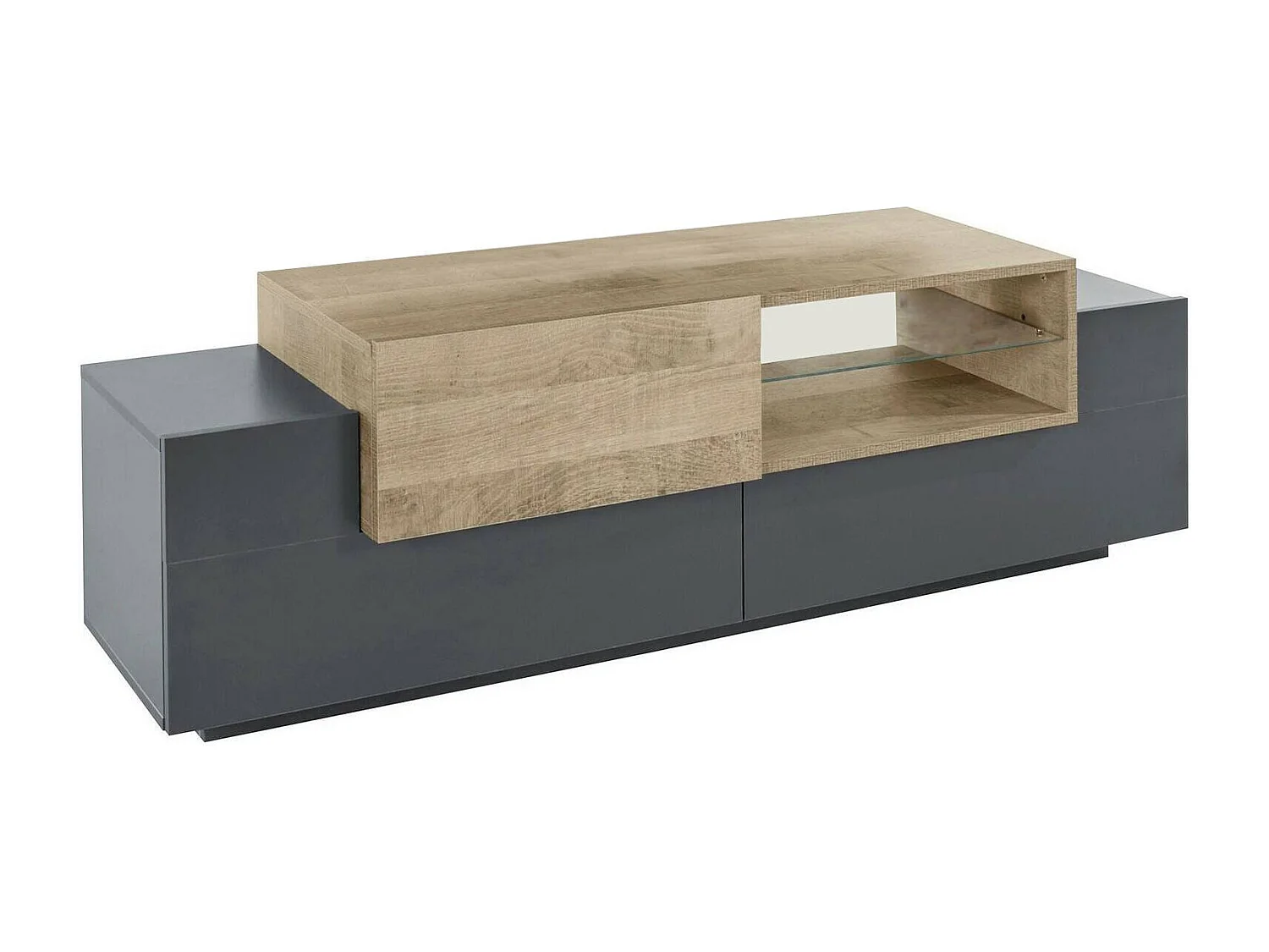 Fernsehschrank Pablo, Niedriges Sideboard für Wohnzimmer mit 2 Türen, Sockel für TV-Möbel, 100 % Made in Italy, cm 160x45h51, Anthrazit und Ahorn