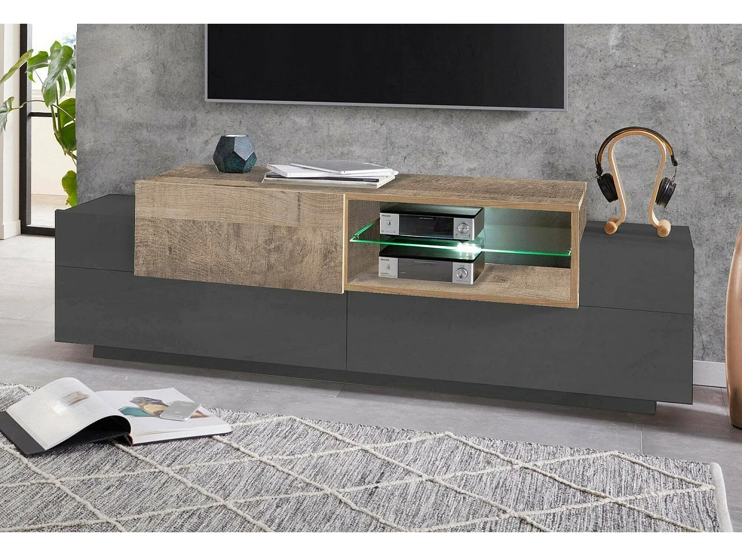 Mueble de televisión Pablo, Aparador bajo para salón con 2 puertas, base soporte TV, 100% Made in Italy, cm 160x45h51, Antracita y Arce