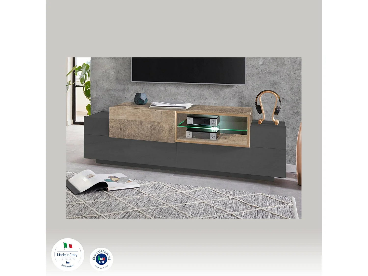 Mueble de televisión Pablo, Aparador bajo para salón con 2 puertas, base soporte TV, 100% Made in Italy, cm 160x45h51, Antracita y Arce
