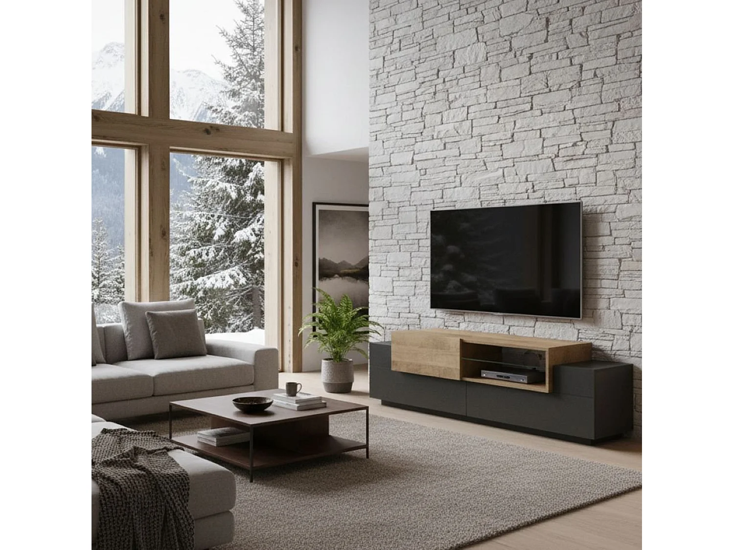 Mueble de televisión Pablo, Aparador bajo para salón con 2 puertas, base soporte TV, 100% Made in Italy, cm 160x45h51, Antracita y Arce