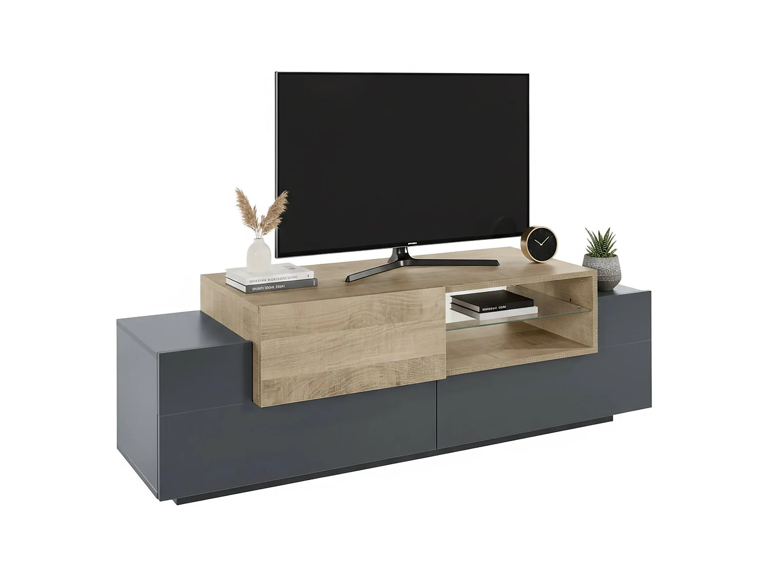 Mueble de televisión Pablo, Aparador bajo para salón con 2 puertas, base soporte TV, 100% Made in Italy, cm 160x45h51, Antracita y Arce