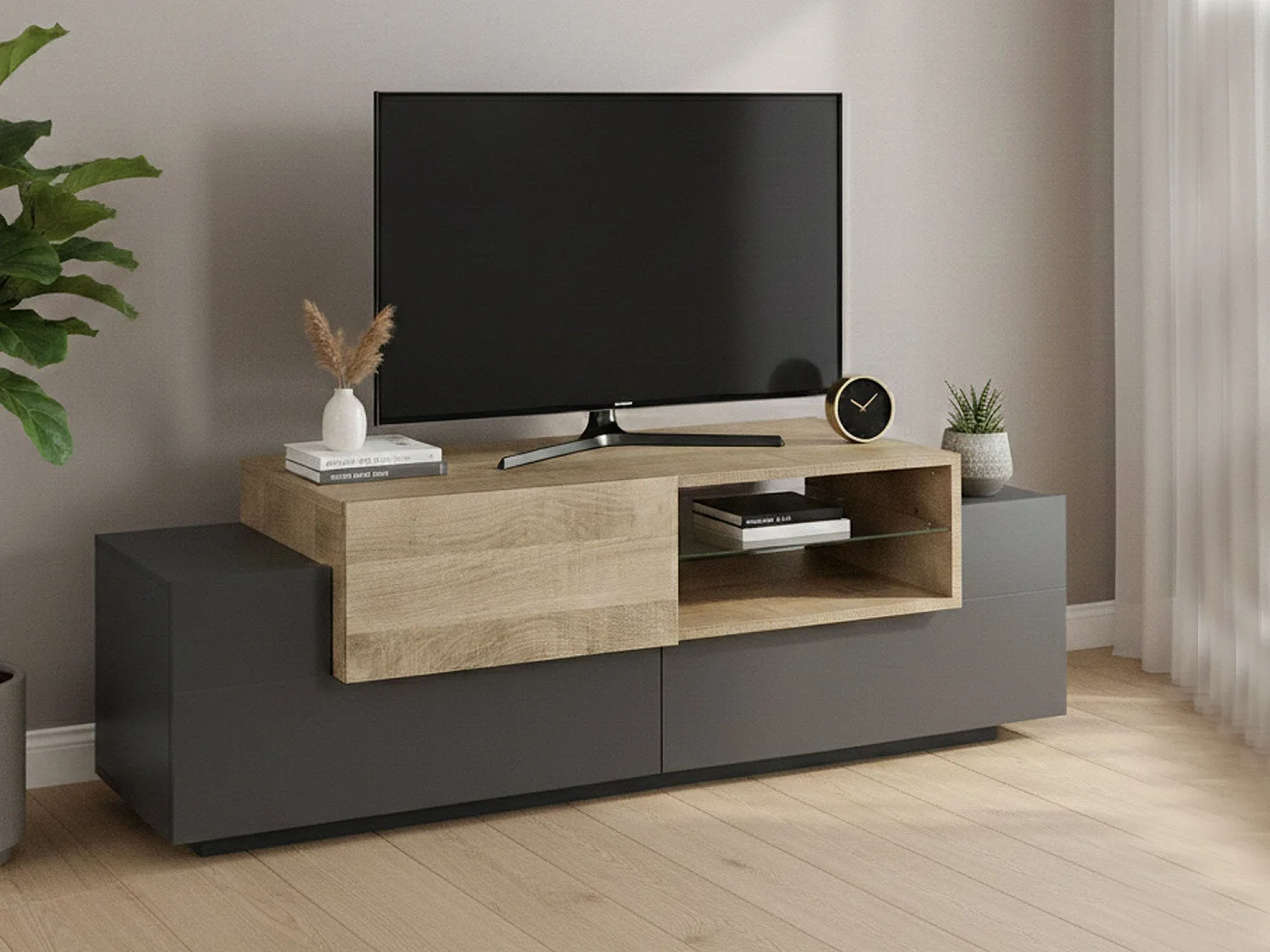 Mueble de televisión Pablo, Aparador bajo para salón con 2 puertas, base soporte TV, 100% Made in Italy, cm 160x45h51, Antracita y Arce