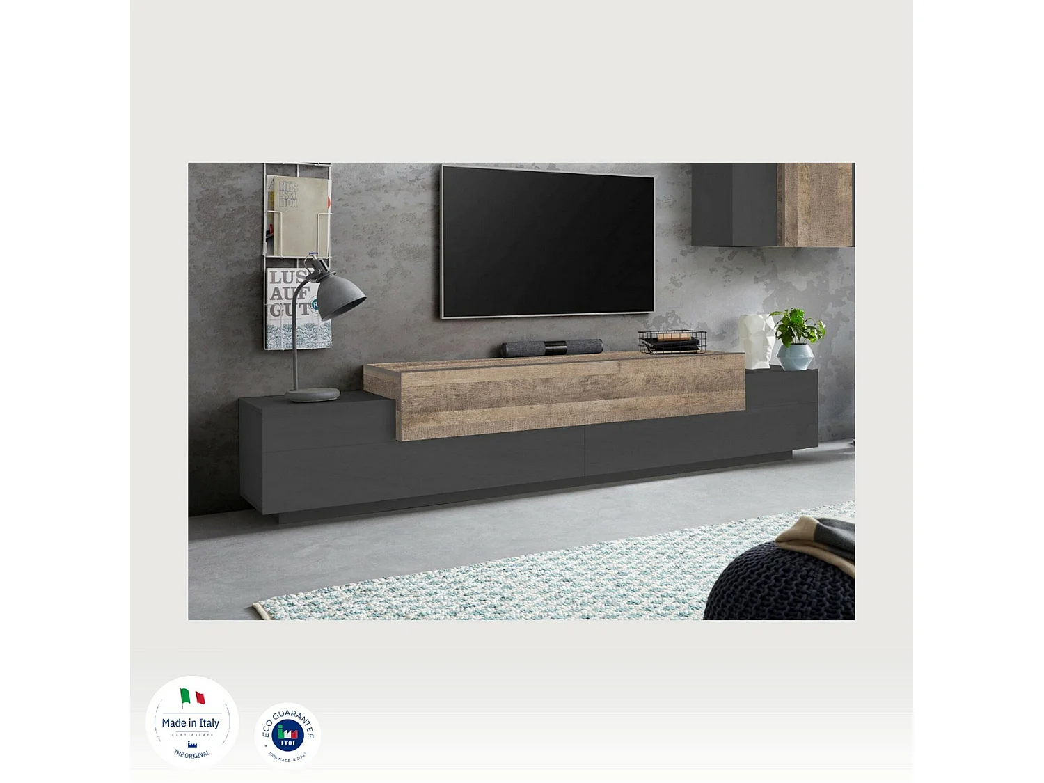 Meuble TV Nico, Buffet bas de salon, Base pour meuble TV, 100% Made in Italy, 240x45h52 cm, Anthracite et Érable