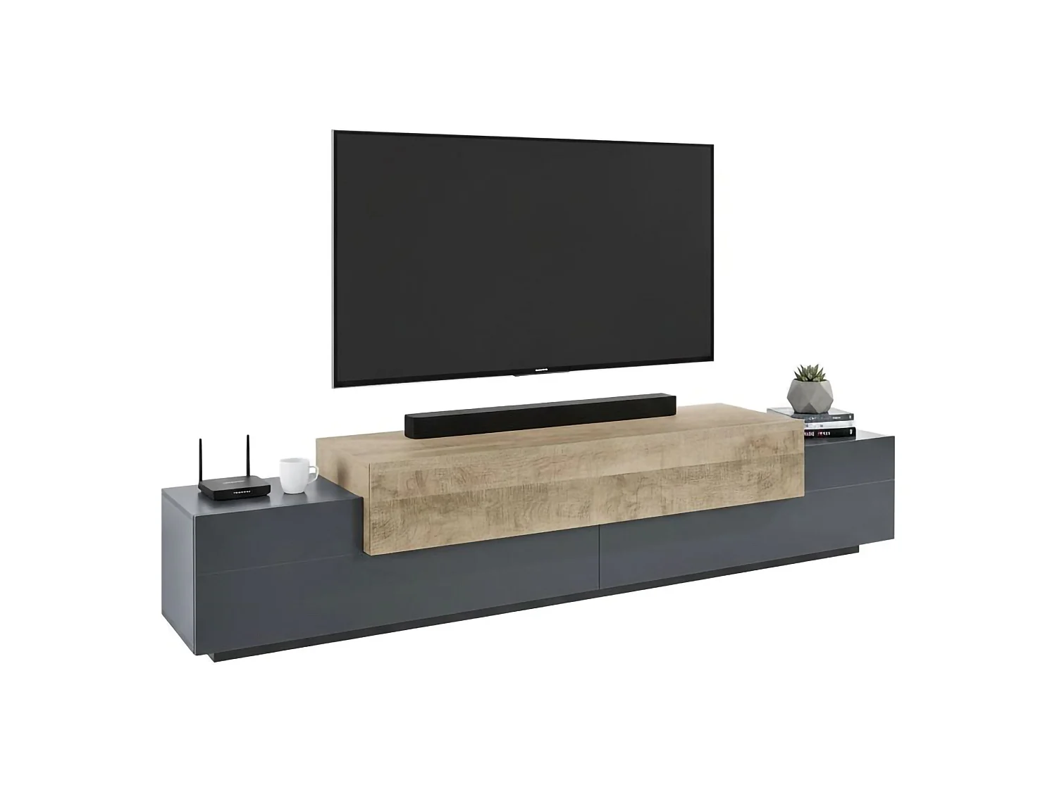 Mueble de televisión Nico, Aparador bajo para salón, base soporte TV, 100% Made in Italy, cm 240x45h52, Antracita y Arce