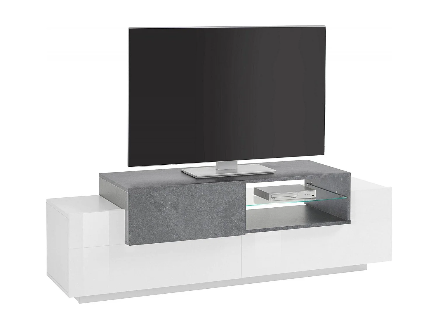 Dlodrin TV-meubel, Laag woonkamerdressoir, TV-meubelbasis, 100% Made in Italy, 160x45h51 cm, Glanzend wit en leisteen