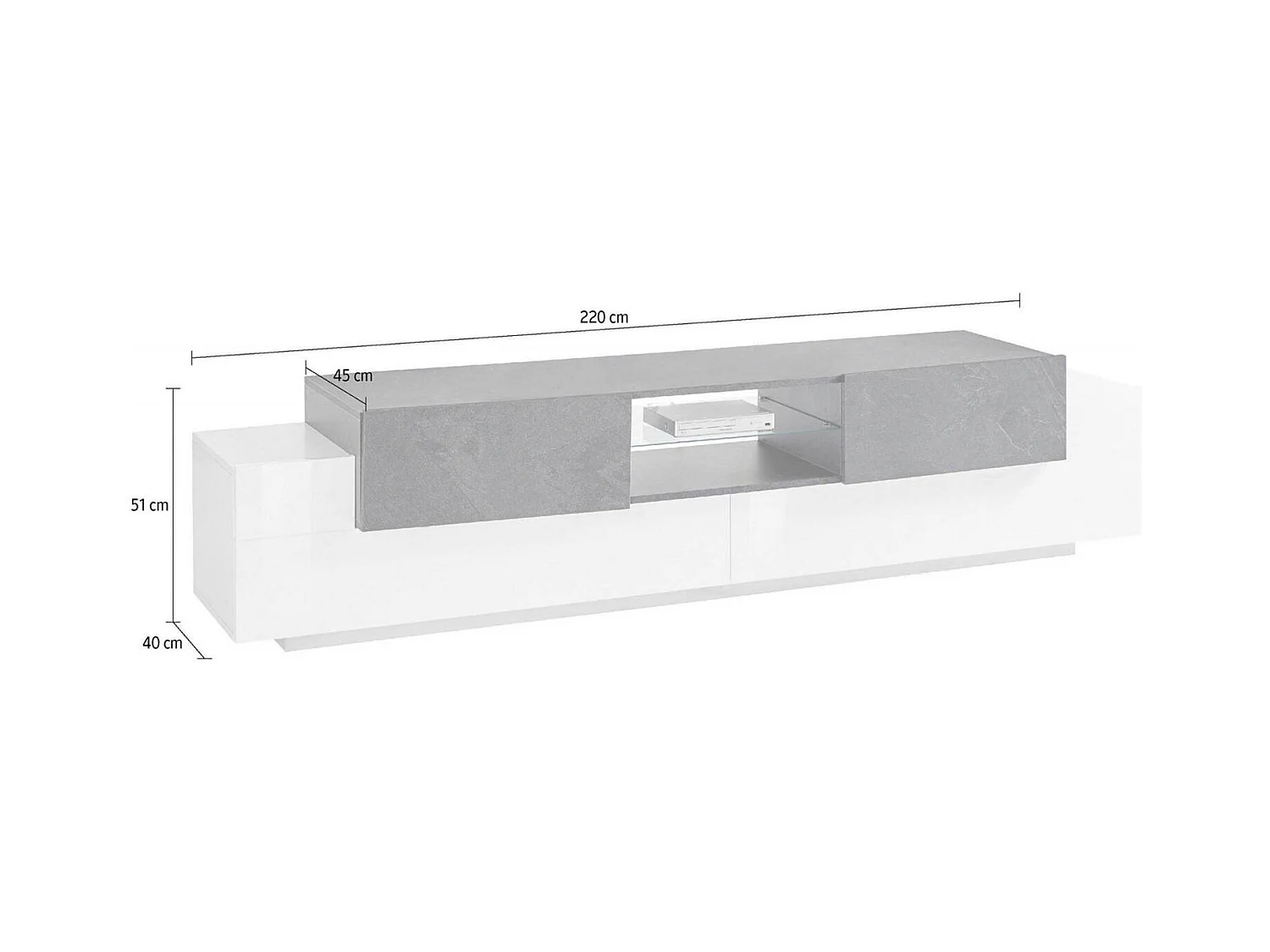 Meuble TV Dmusso, Buffet bas de salon, Base pour meuble TV, 100% Made in Italy, 220x45h51 cm, Blanc brillant et ardoise