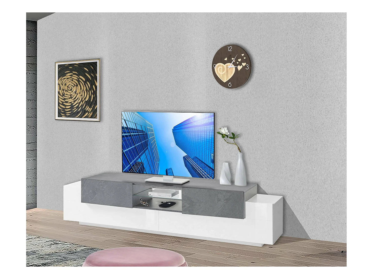 Meuble TV Dmusso, Buffet bas de salon, Base pour meuble TV, 100% Made in Italy, 220x45h51 cm, Blanc brillant et ardoise