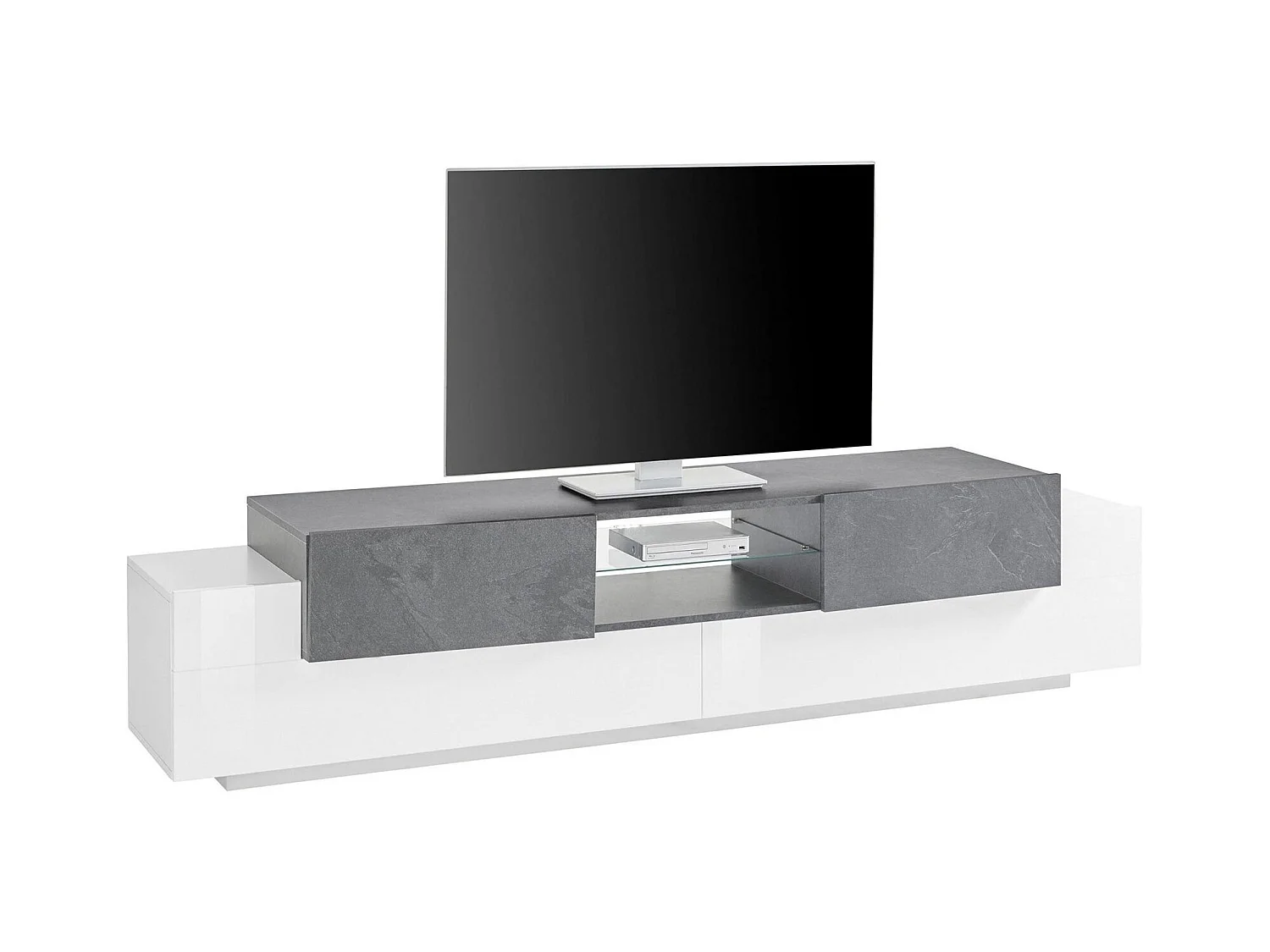 Meuble TV Dmusso, Buffet bas de salon, Base pour meuble TV, 100% Made in Italy, 220x45h51 cm, Blanc brillant et ardoise
