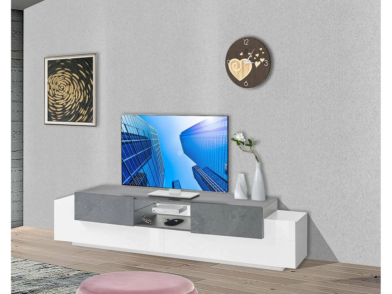 Meuble TV Dmusso, Buffet bas de salon, Base pour meuble TV, 100% Made in Italy, 220x45h51 cm, Blanc brillant et ardoise