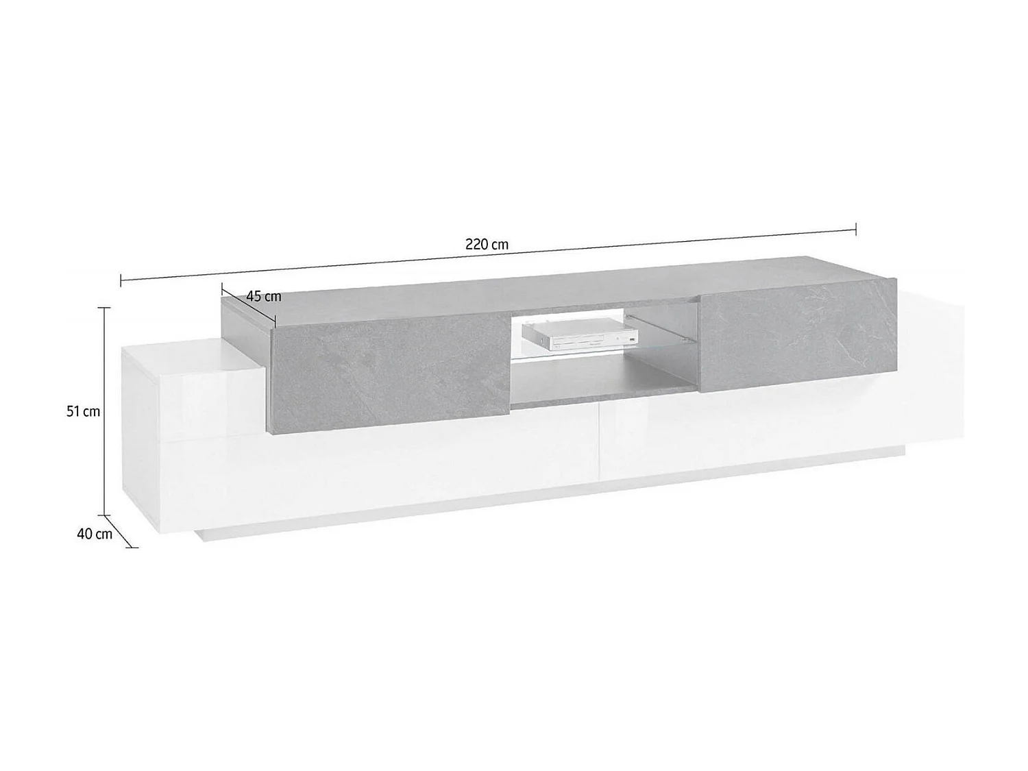 Meuble TV Dmusso, Buffet bas de salon, Base pour meuble TV, 100% Made in Italy, 220x45h51 cm, Blanc brillant et ardoise
