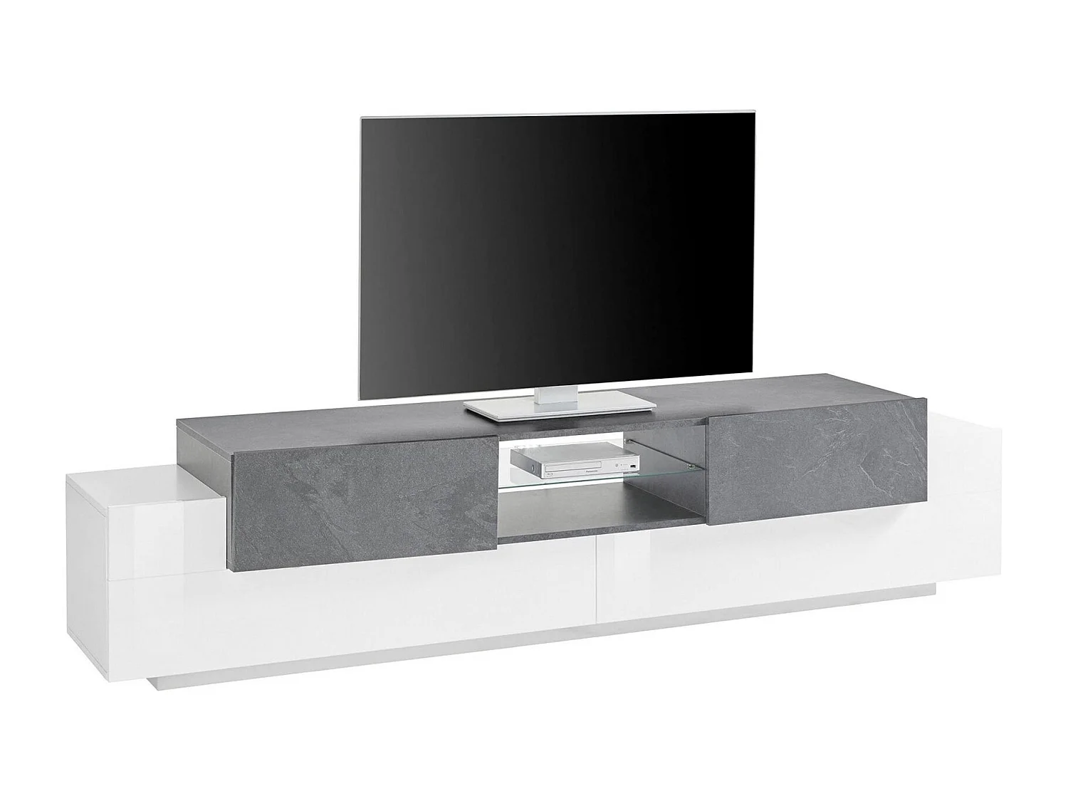 Meuble TV Dmusso, Buffet bas de salon, Base pour meuble TV, 100% Made in Italy, 220x45h51 cm, Blanc brillant et ardoise