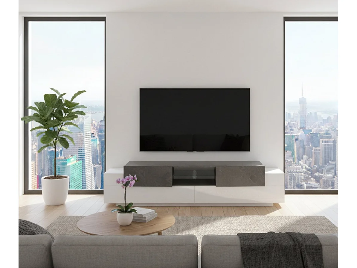 Meuble TV Dmusso, Buffet bas de salon, Base pour meuble TV, 100% Made in Italy, 220x45h51 cm, Blanc brillant et ardoise