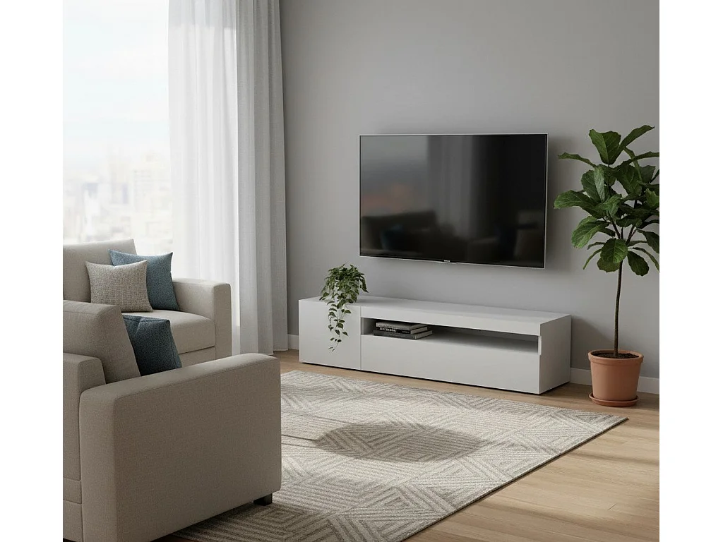 Meuble TV Dmangoni, Buffet bas de salon avec 2 portes, Base pour meuble TV, 100% Made in Italy, 150x40h37 cm, Blanc brillant