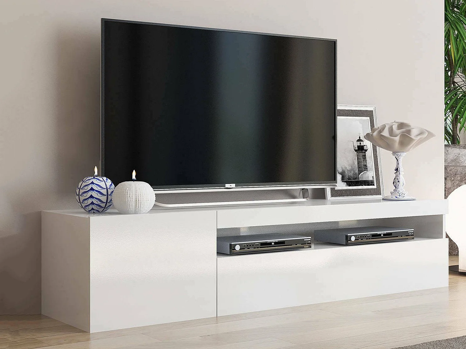 Dmangoni TV-meubel, Laag woonkamerdressoir met 2 deuren, TV-meubelbasis, 100% Made in Italy, 150x40h37 cm, Glanzend wit