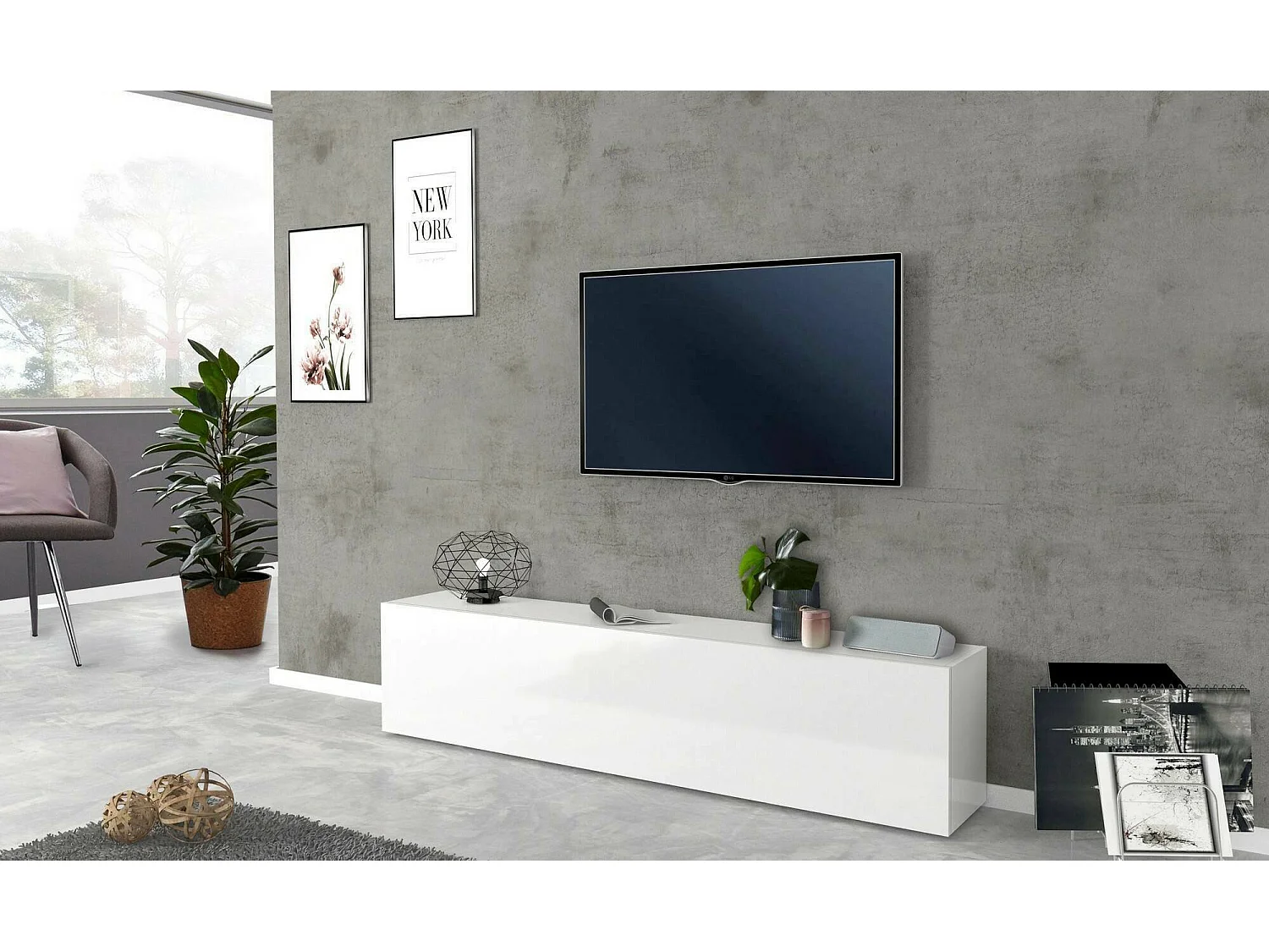 Móvel de TV Dbarell, aparador baixo da sala, base de móvel de TV, 100% Fabricado na Itália, 180x30h40 cm, Branco brilhante