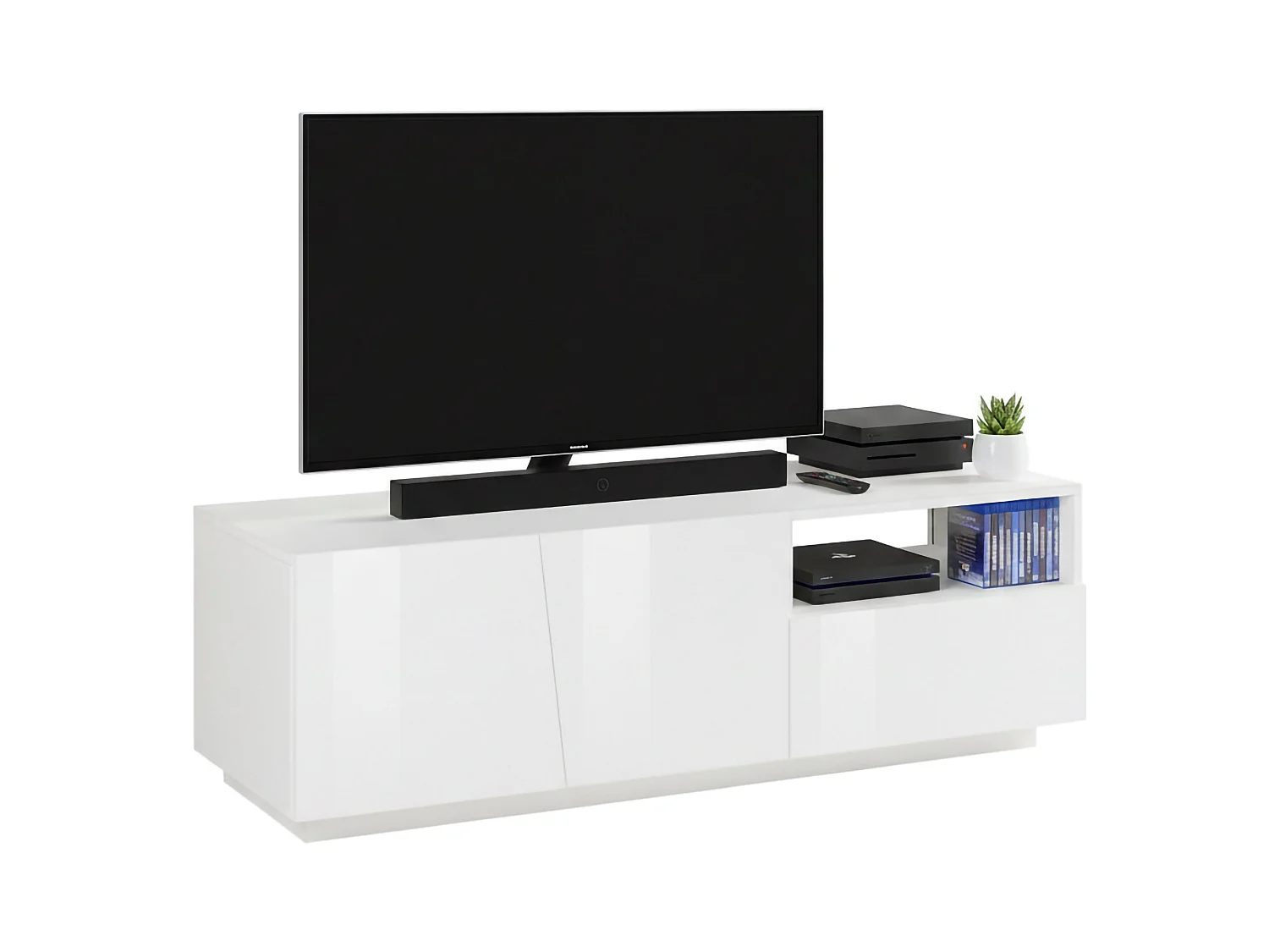 Móvel de TV Dlandon, Aparador baixo de sala com 2 portas, base de móvel de TV, 100% Fabricado na Itália, 150x43h46 cm, Branco brilhante