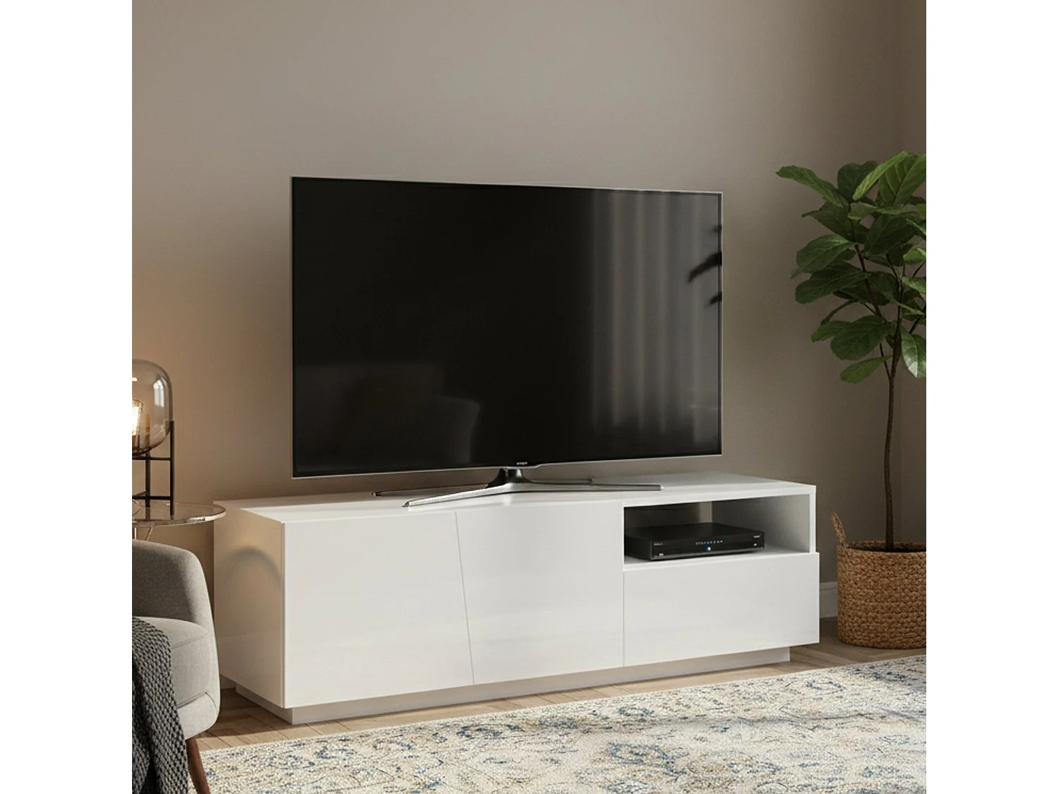 Móvel de TV Dlandon, Aparador baixo de sala com 2 portas, base de móvel de TV, 100% Fabricado na Itália, 150x43h46 cm, Branco brilhante
