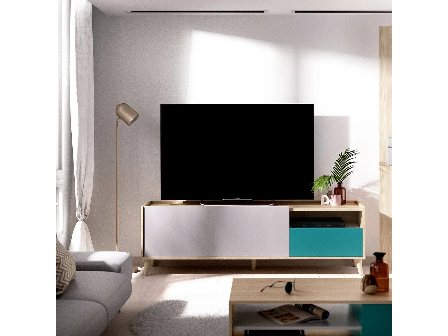 Meuble TV Tamaro, Buffet bas de salon, Buffet de salon pour télévision, 155x43h47 cm, Chêne et Blanc