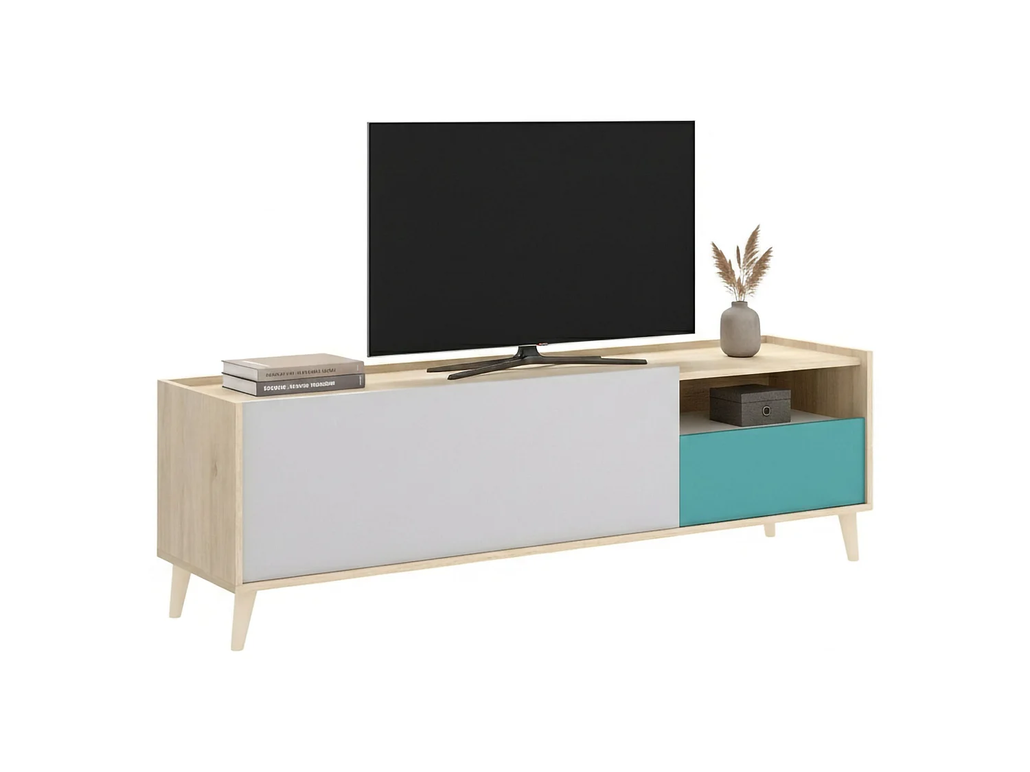 Móvel de TV Tamaro, Aparador baixo da sala, Aparador da sala para televisão, 155x43h47 cm, Carvalho e Branco