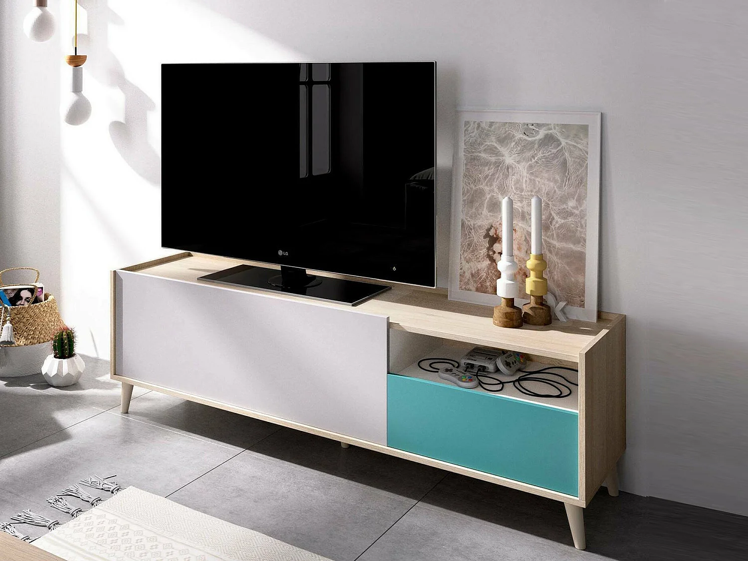 Móvel de TV Tamaro, Aparador baixo da sala, Aparador da sala para televisão, 155x43h47 cm, Carvalho e Branco