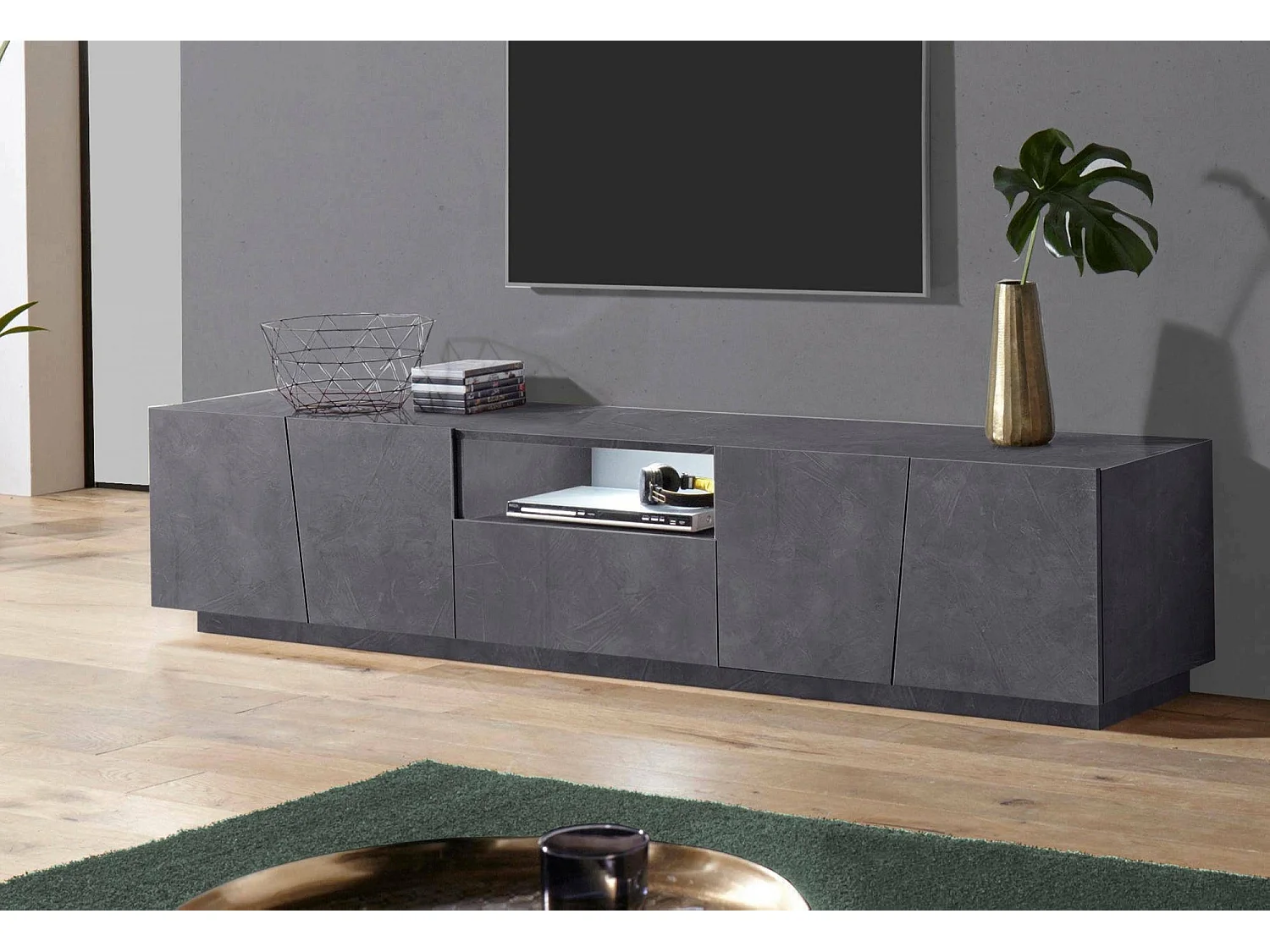 Meuble TV Dlori, Buffet bas de salon, Base pour meuble TV, 100% Made in Italy, 220x43h46 cm, Ardoise, avec lumière LED
