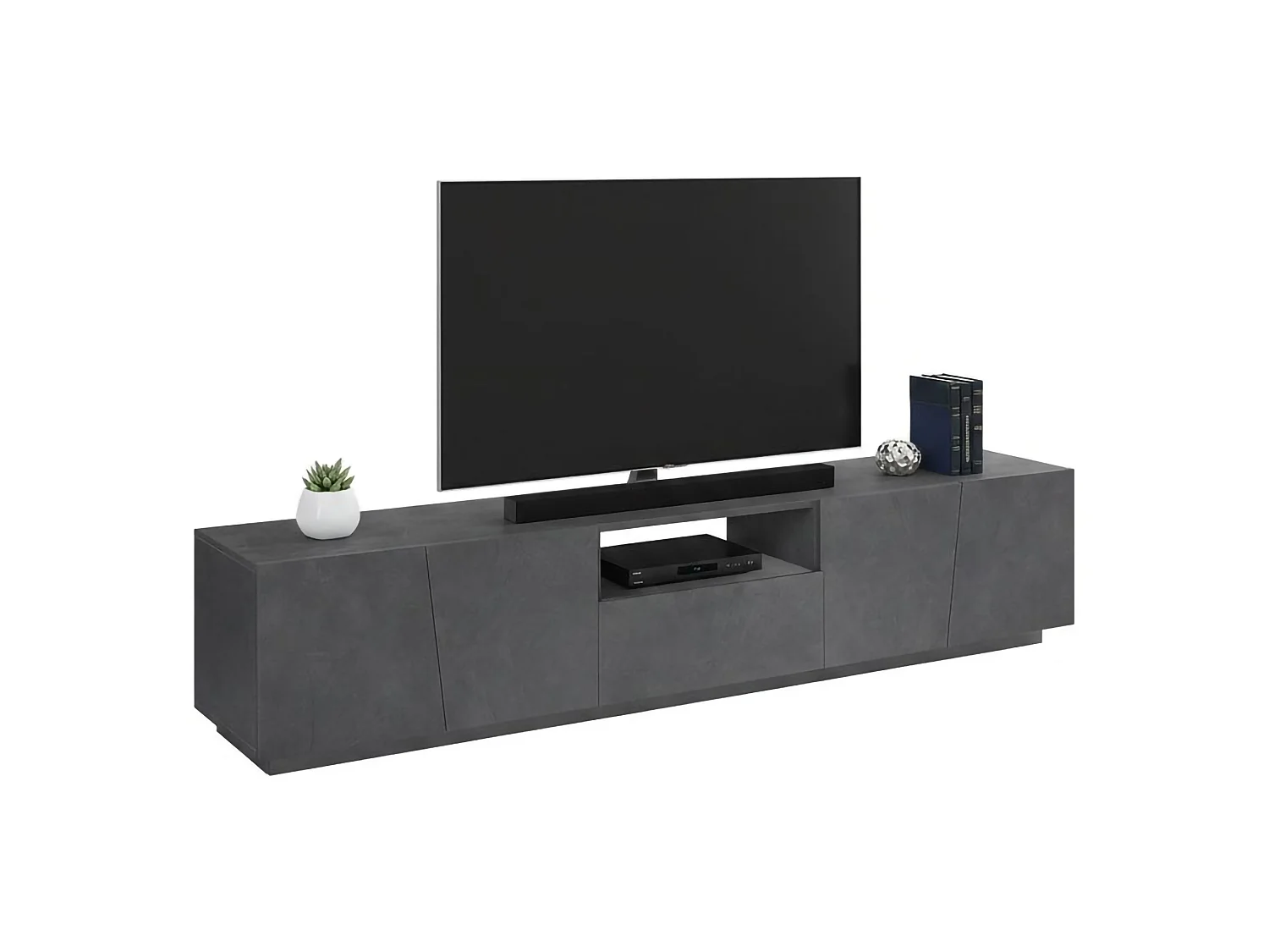 Mueble de televisión Dlori, Aparador bajo para salón, base soporte TV, 100% Made in Italy, cm 220x43h46, Pizarra, con luz LED