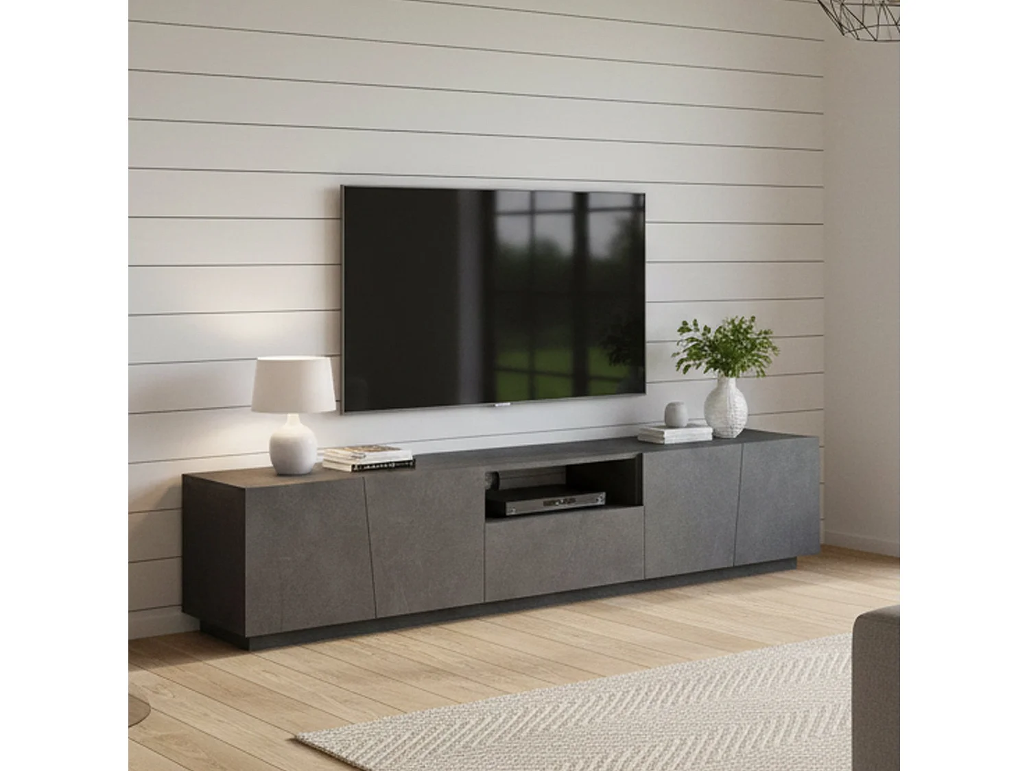 Mueble de televisión Dlori, Aparador bajo para salón, base soporte TV, 100% Made in Italy, cm 220x43h46, Pizarra, con luz LED