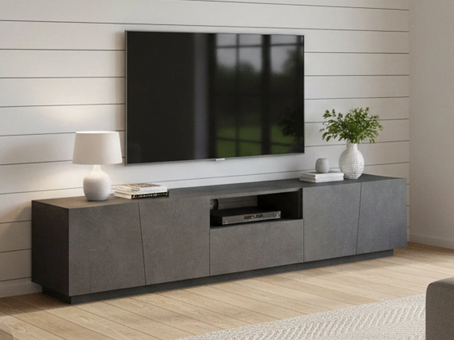 Meuble TV Dlori, Buffet bas de salon, Base pour meuble TV, 100% Made in Italy, 220x43h46 cm, Ardoise, avec lumière LED