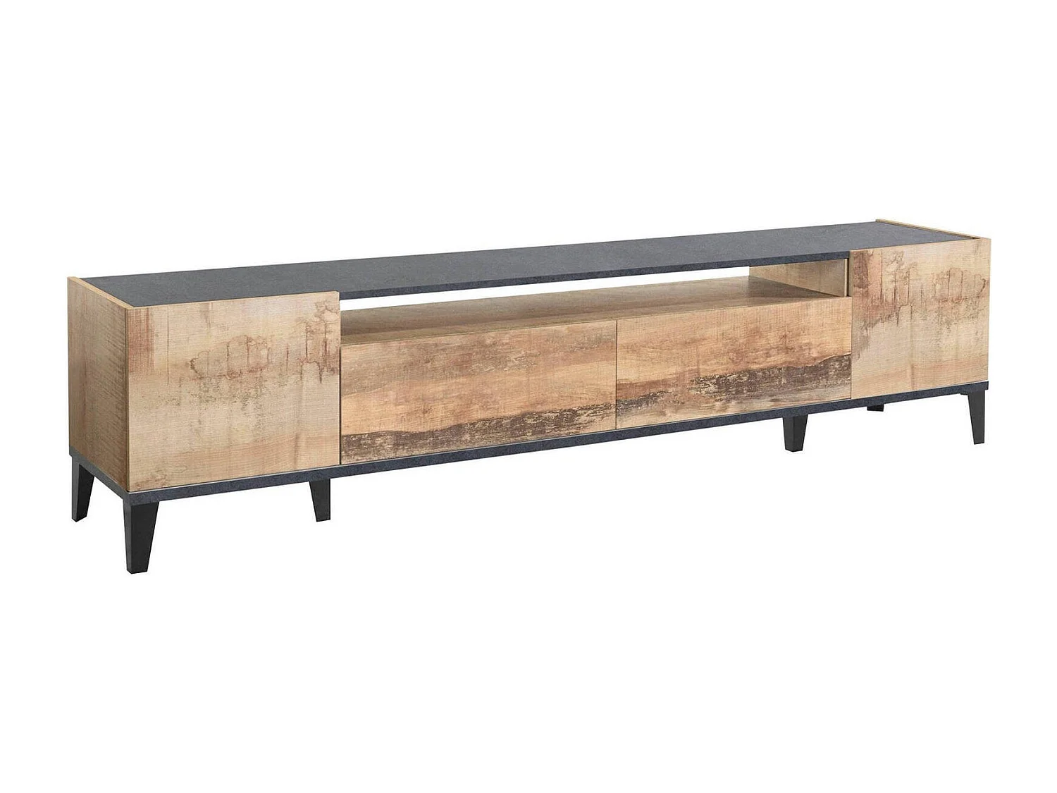 Dmaigna TV-meubel, Laag woonkamerdressoir met 2 deuren, TV-meubelbasis, 100% Made in Italy, 200x40h47 cm, Leisteen en esdoorn